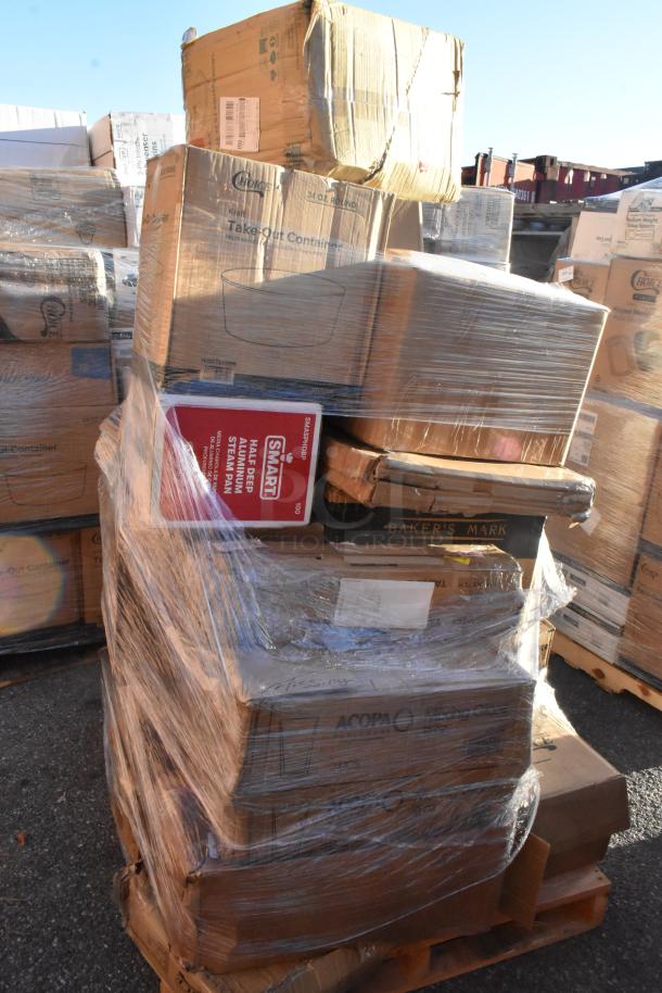 Palette of 26 new scratch and dent items including boxes of glasses, steam pans, and containers. Visibility of brand labels: Choice, Smart Shop. Items wrapped in plastic on a pallet.