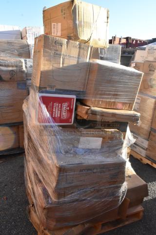 Palette of 26 new scratch and dent items including boxes of glasses, steam pans, and containers. Visibility of brand labels: Choice, Smart Shop. Items wrapped in plastic on a pallet.