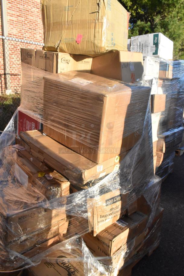 Pallet of 26 brand new scratch and dent items, boxed and wrapped. Includes glasses, steam pans, containers.