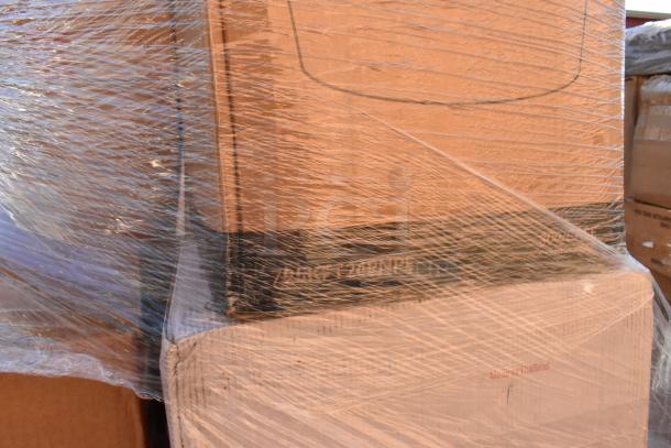 Sealed pallet of 26 assorted new scratch and dent items including glasses, steam pans, and containers.