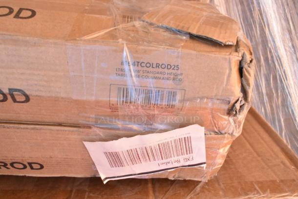 Cardboard box labeled "#164TCOLROD25," showing signs of damage, holding standard height table base column and rod.