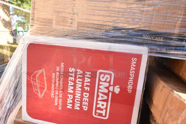 Pallet of new scratch and dent items wrapped in plastic, including SMART half deep aluminum steam pans in red packaging.