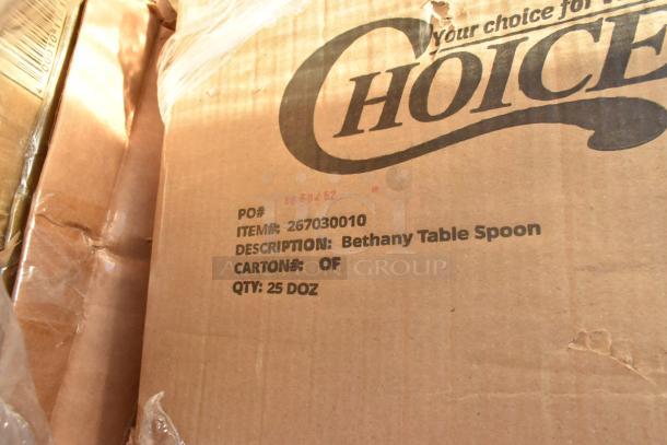 Cardboard box labeled "Bethany Table Spoon" with item number 267030010, quantity 25 dozen.
