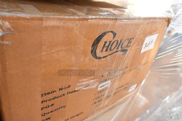 Cardboard box labeled "Choice" with product details, part of 26 scratch and dent items including glasses and steam pans.
