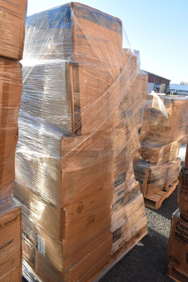 27 new scratch and dent items, including ice bags, hot cups, drink carriers, and gloves, wrapped on pallets.