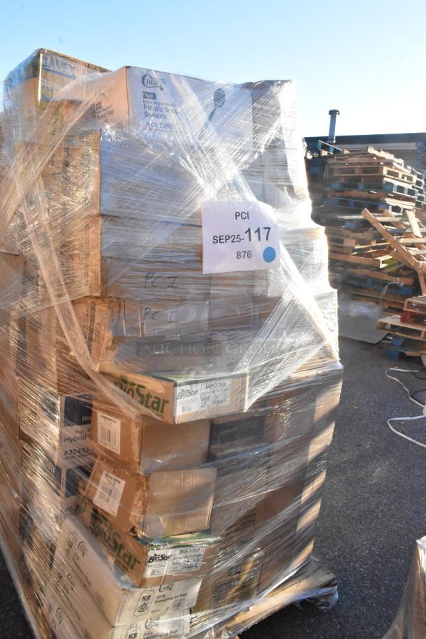 Pallet of 27 scratch and dent items, shrink-wrapped, including ice bags, hot cups, drink carriers, and gloves.