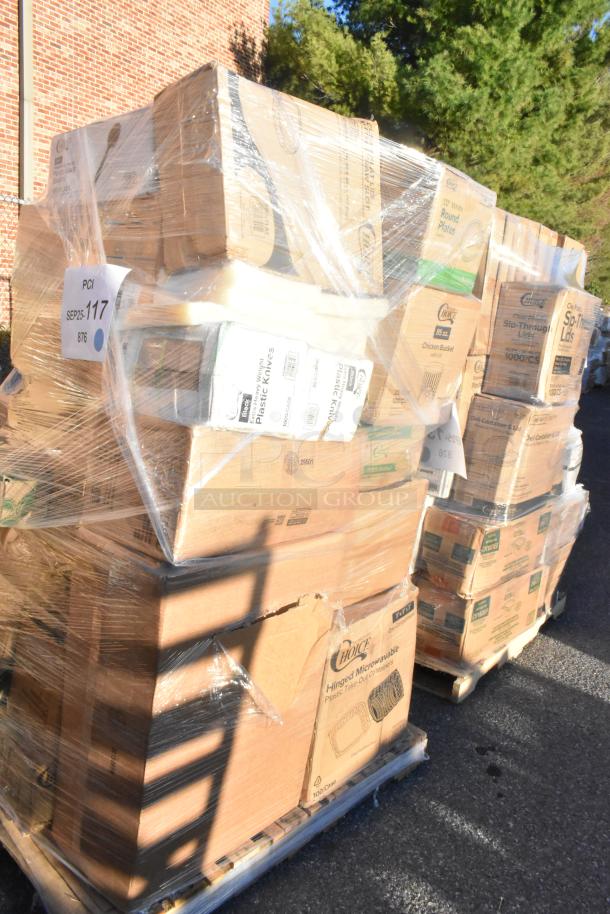 Pallet with 27 boxes of new items, shrink-wrapped, labeled for ice bags, hot cups, drink carriers, and gloves.