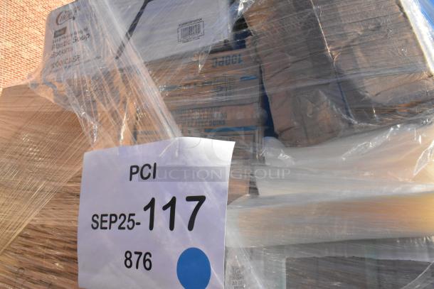 Clear plastic-wrapped pallet with boxes labeled "PCI SEP25-117." Contains scratch and dent items like ice bags and drink carriers.