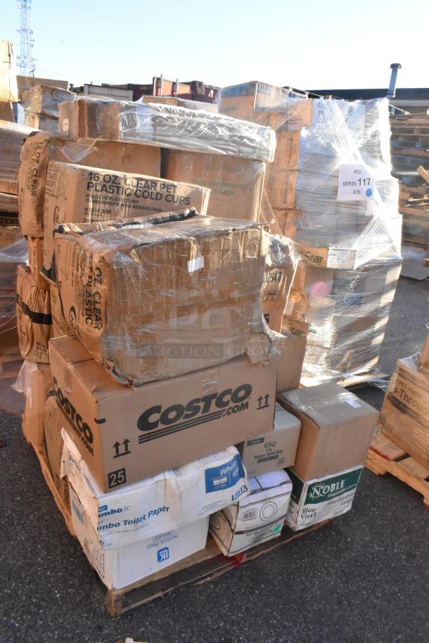 Pallet of 23 brand new items in boxes labeled with cold cups, popcorn buckets, mop heads; some boxes show visible dents.