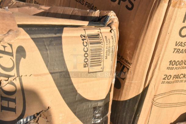 Close-up of cardboard boxes from Choice brand, showing model number 500CC12 and barcode. Boxes are slightly dented.