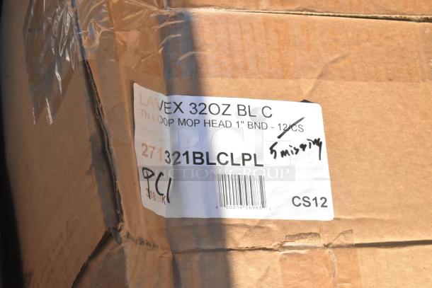 Box labeled "Lavex 32oz BL C" containing loop mop heads. Package indicates 12 pieces, with handwritten notes visible.