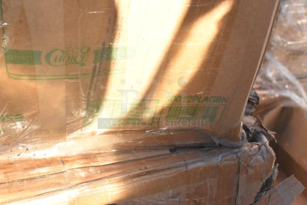 Box with "Eco Choice" label, SKU 50012PLAGRN, containing scratch and dent items like cold cups and mop heads, wrapped in plastic.