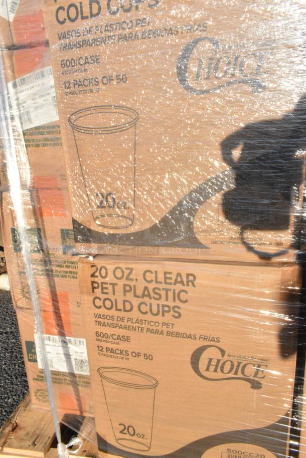 Pallet of 21 scratch and dent items, including Choice brand 20 oz. clear PET plastic cold cups, 600 per case, sealed.