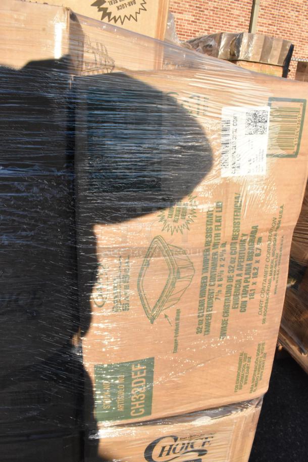 Boxes of assorted new scratch and dent lids, containers, and food trays, wrapped for auction. Labels with product details visible.