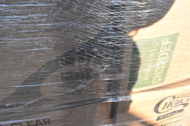 Plastic-wrapped pallet with boxes labeled "CH32DEF" and "900CC20," containing scratch and dent lids, containers, and food trays.