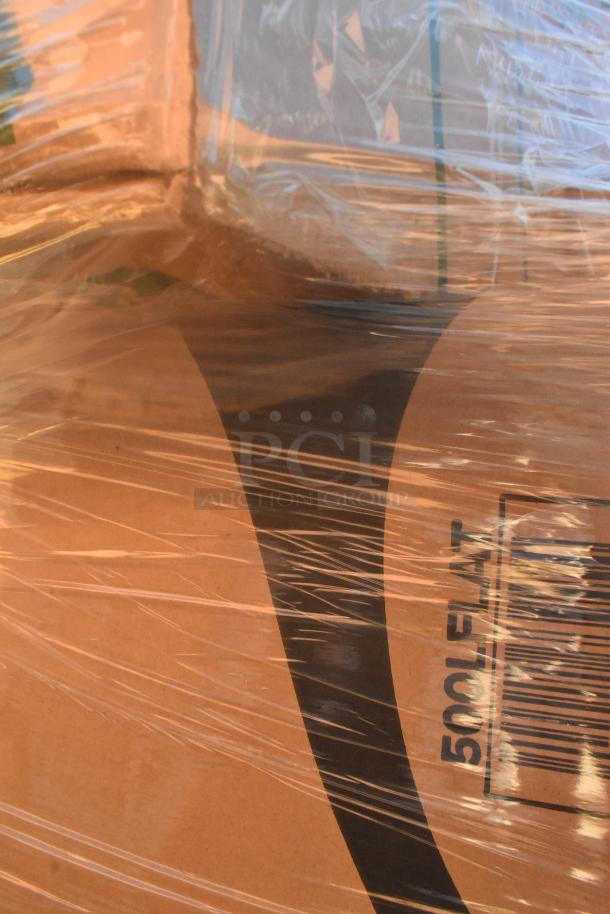 21 new scratch and dent items, including lids, containers, food trays, in shrink-wrapped cardboard boxes. Visible label: "500 FLAT."