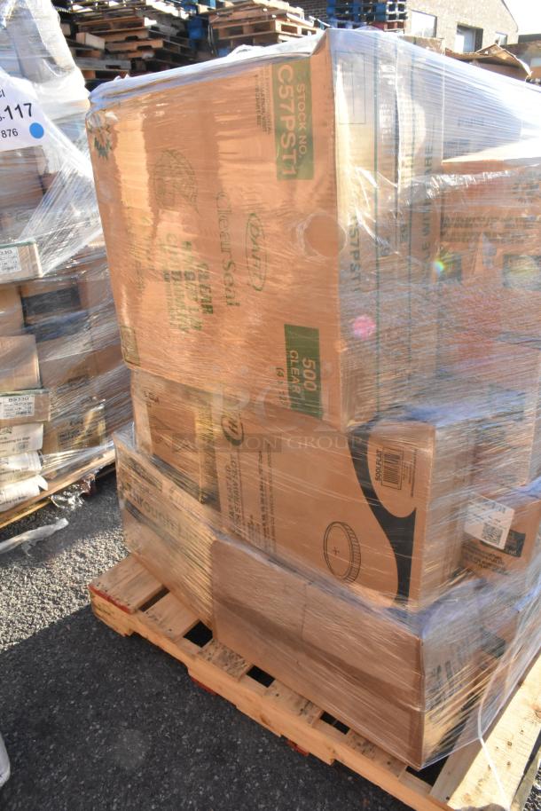Shrink-wrapped pallet with cardboard boxes labeled "ClearSeal" and "500 Clear," containing brand-new scratch and dent lids, containers, food trays.