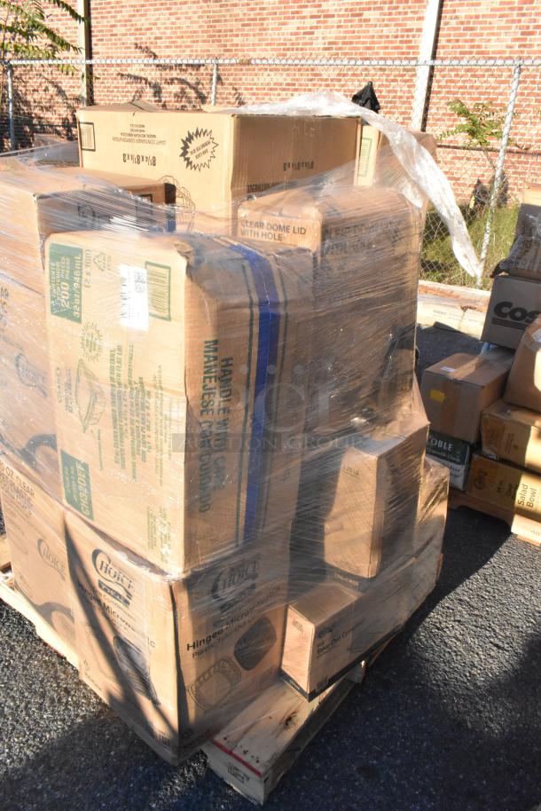 Pallet of 21 brand new scratch and dent items, including lids, containers, and food trays, wrapped in clear plastic.