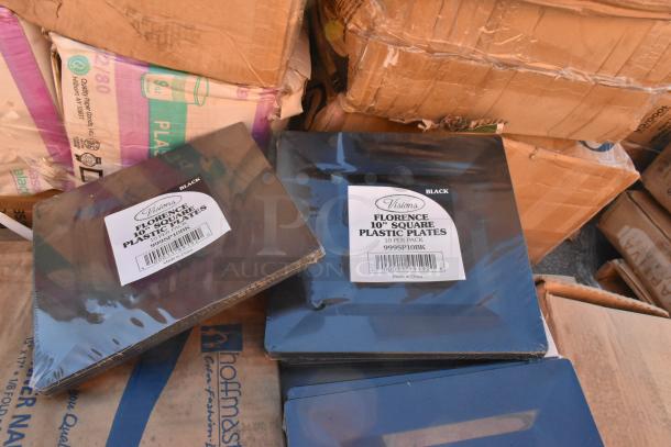 Brand new Visions Florence 10" square black plastic plates packs in damaged boxes, labeled "999SP10BK," made in China.