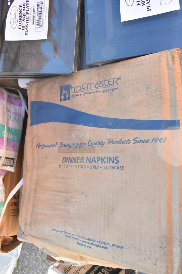 Box of Hoffmaster dinner napkins, 15"x17", 2-ply, 1,000/case, and Visions plastic plates. Brand new, with packaging visible.