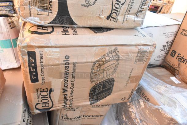 Boxes of new scratch and dent items, including Choice hinged microwavable plastic containers. Packaging slightly damaged.