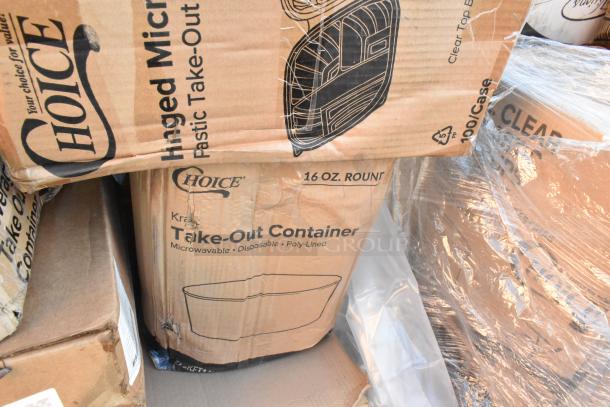 Bulk lot of 17 Choice brand items including take-out containers, cups, and napkins, some in scratch and dent condition.