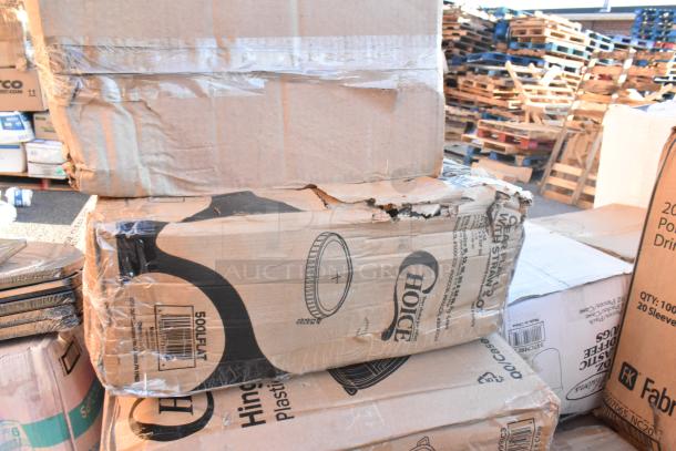 Cardboard boxes of new, scratch and dent items including cups and containers. Visible labels indicate "Choice" brand.