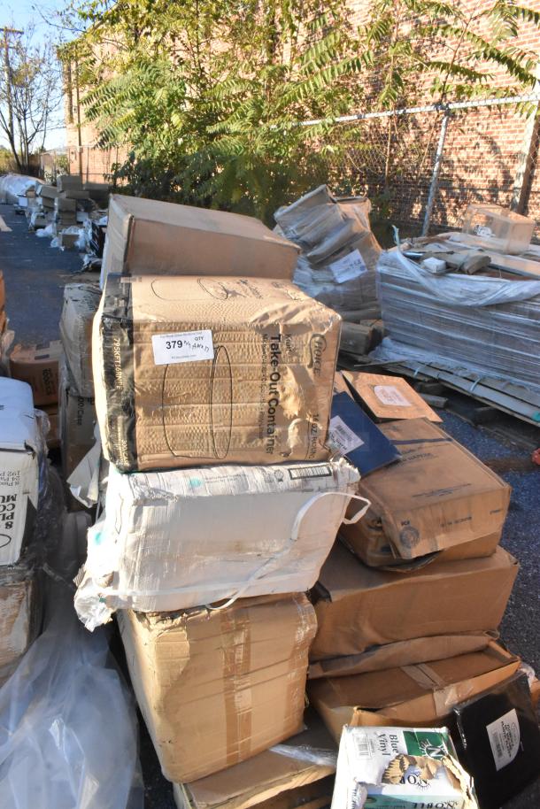 Stack of damaged and new boxes containing assorted items like cups and containers. Visible label reads "Take-Out Container."