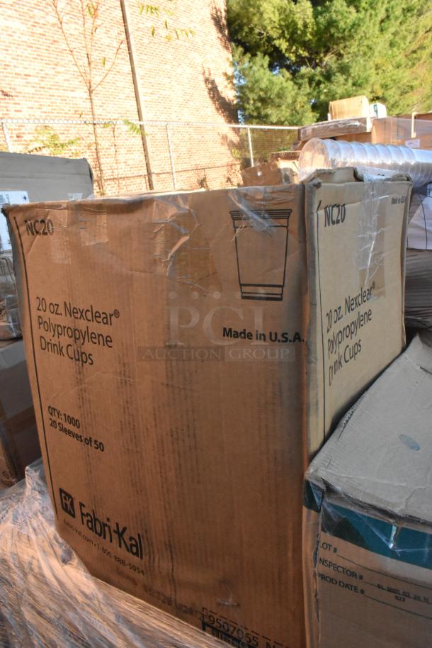 Cardboard box labeled "20 oz. Nexclear Polypropylene Drink Cups," Qty: 1000, showing signs of damage, Made in USA.