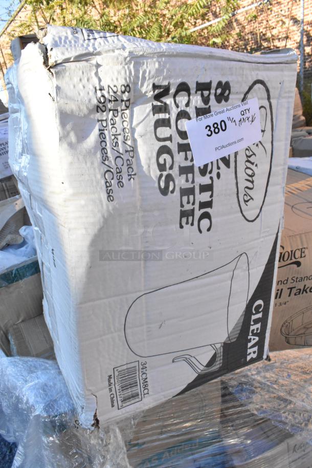 Box of plastic coffee mugs with visible shipping damage. Labeled 8 pcs/pack, 24 packs/case, 192 pcs. Scratch and dent condition.