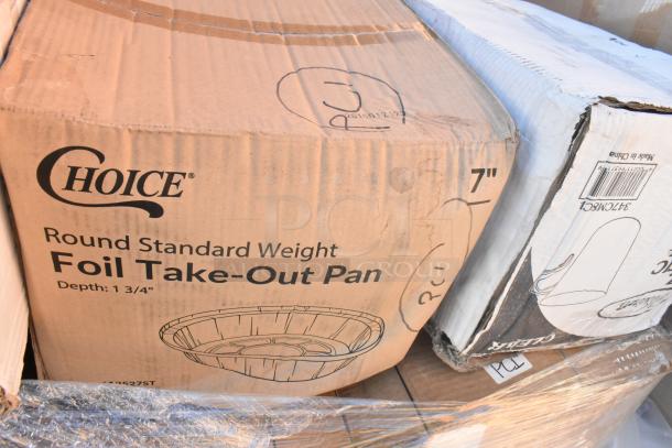 Boxes of Choice brand foil take-out pans, labeled "Round Standard Weight, Depth: 1 3/4"". Packaging shows minor dents.