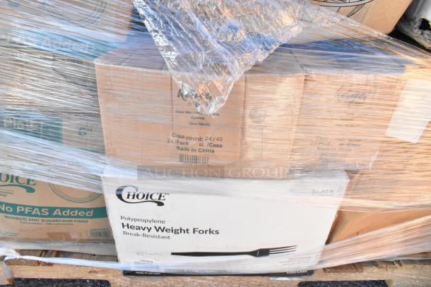 Bundle of 16 new scratch and dent items; includes plates, tasting spoons, cold cups, plastic forks. Labels show "Choice" brand, "Made in China/Vietnam."