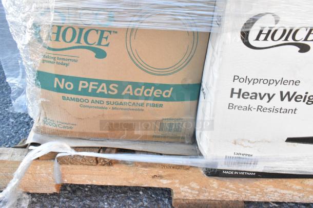 16 new scratch and dent items; boxes include bamboo plates and heavy-weight utensils, labeled compostable and break-resistant.