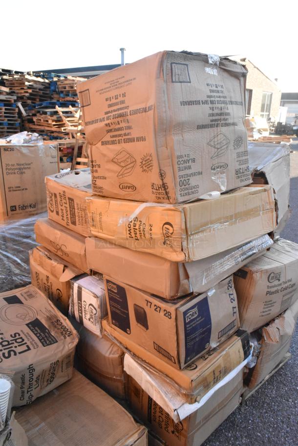 Boxes labeled with brands like Dart, Fabri-Kal, and Tork. Contains scratch and dent items like dispensers and paper goods.