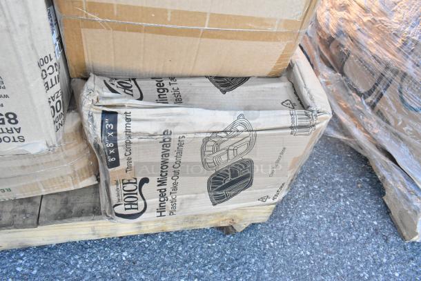 Cardboard boxes of "Choice" hinged microwavable take-out containers. Box shows brand and product illustration.