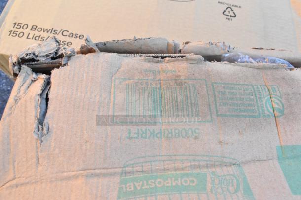 Damaged cardboard boxes labeled for 150 bowls and lids per case, showing barcode and recycling symbol.
