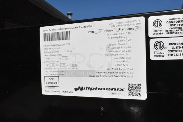 2016 Hill Phoenix C000072997CF8 metal commercial merchandiser, 120V, 1 phase, seen with label detailing specs and compliance.