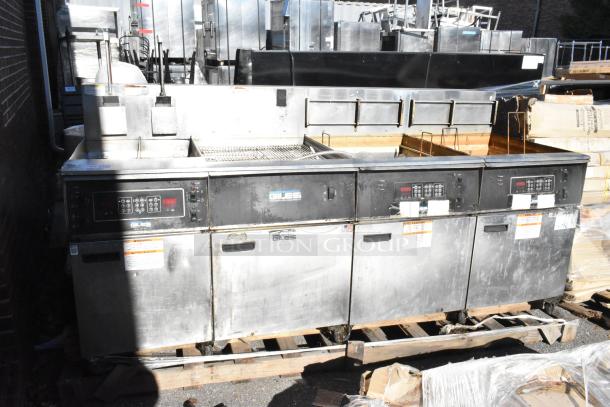 Giles EOF-24 Stainless Steel Electric 3 Bay Deep Fat Fryer with Dumping Station; 480 Volts, 3 Phase, on Commercial Casters.