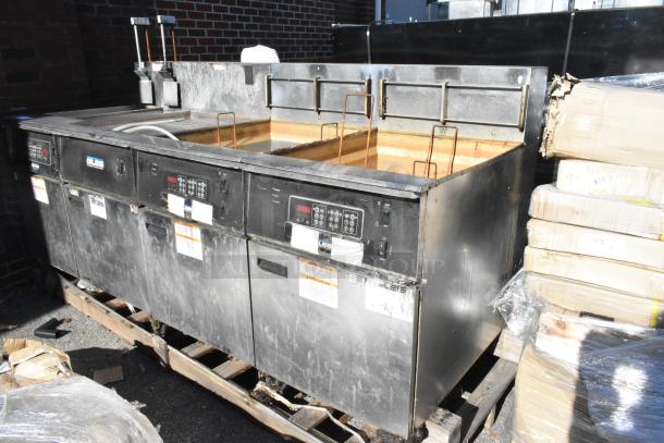 Giles EOF-24 Stainless Steel 3 Bay Deep Fat Fryer with Dumping Station on Casters, 480V, 3 Phase, used condition.
