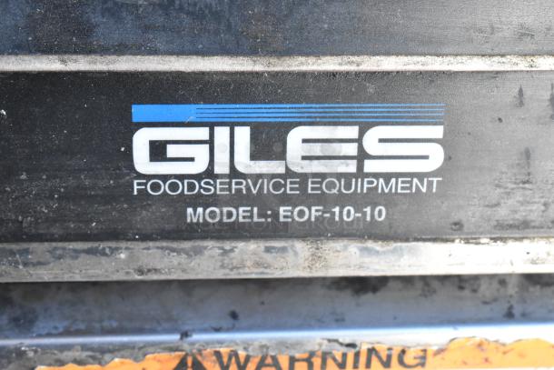 Giles foodservice equipment label showing model EOF-10-10 on a commercial fryer.