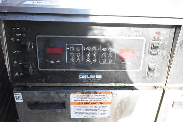 Giles EOF-24 stainless steel 3 bay deep fat fryer with dumping station. Features control panel and warning label. Used condition.