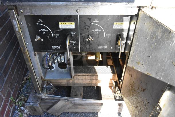 Giles EOF-24 Stainless Steel 3 Bay Deep Fat Fryer with Dumping Station, 480V, 3 Phase. Features control panel and casters.