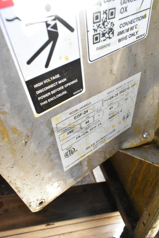 Giles EOF-24 stainless steel electric 3-bay deep fryer with dumping station on casters, 480V, model label visible.