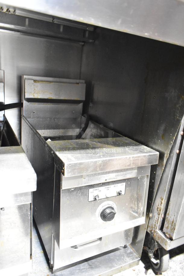 Giles GVH-C stainless steel ventless recirculating hood system with 2 commercial fryers, showing control panel and electrostatic air cleaner.