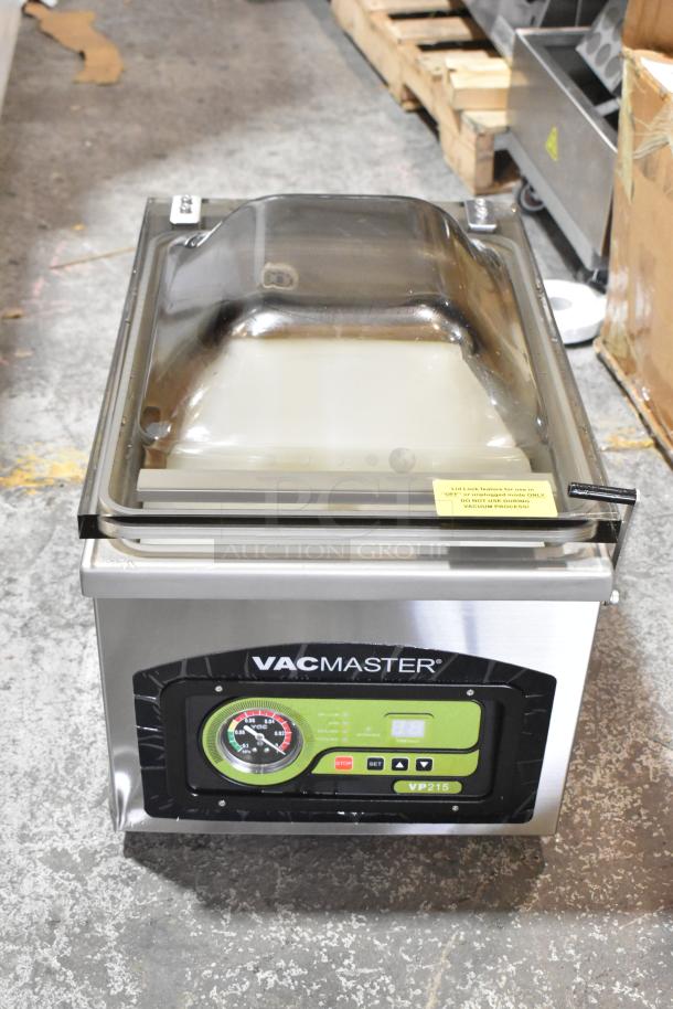 Vacmaster VP215 stainless steel chamber vacuum sealer, 120 volts, 1 phase, commercial grade, with control panel and lid lock.