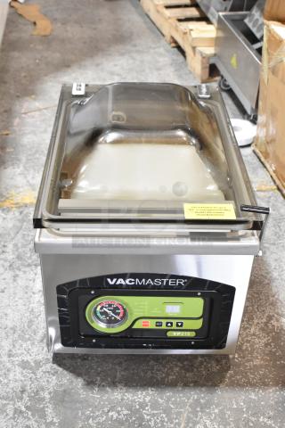 Vacmaster VP215 stainless steel chamber vacuum sealer, 120 volts, 1 phase, commercial grade, with control panel and lid lock.