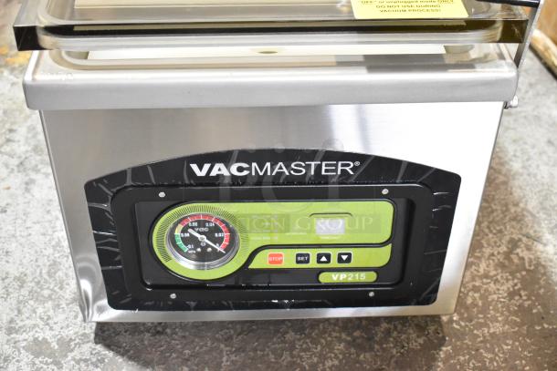 Vacmaster VP215 Stainless Steel Chamber Vacuum Sealer, 120V, 1 Phase; features control panel, pressure gauge, and model number label.