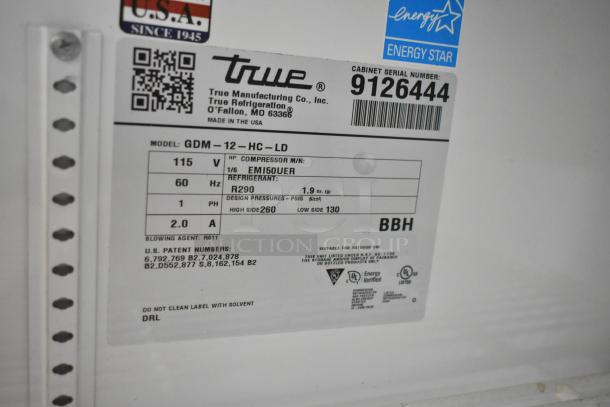 2017 True GDM-12-HC-LD commercial cooler label. Features 115V, R290 refrigerant, Energy Star rated, serial number 9126444.