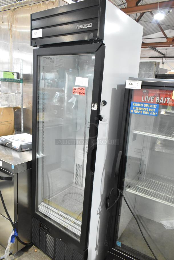 2019 Habco SE18 metal commercial cooler, single door needs reattachment, 115V, 1 phase, visible brand logo, tags.