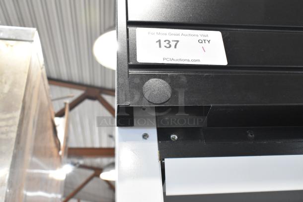 2019 Habco SE18 Single Door Cooler Merchandiser, metal, door needs reattachment, 115V, 1 Phase, auction tag visible.